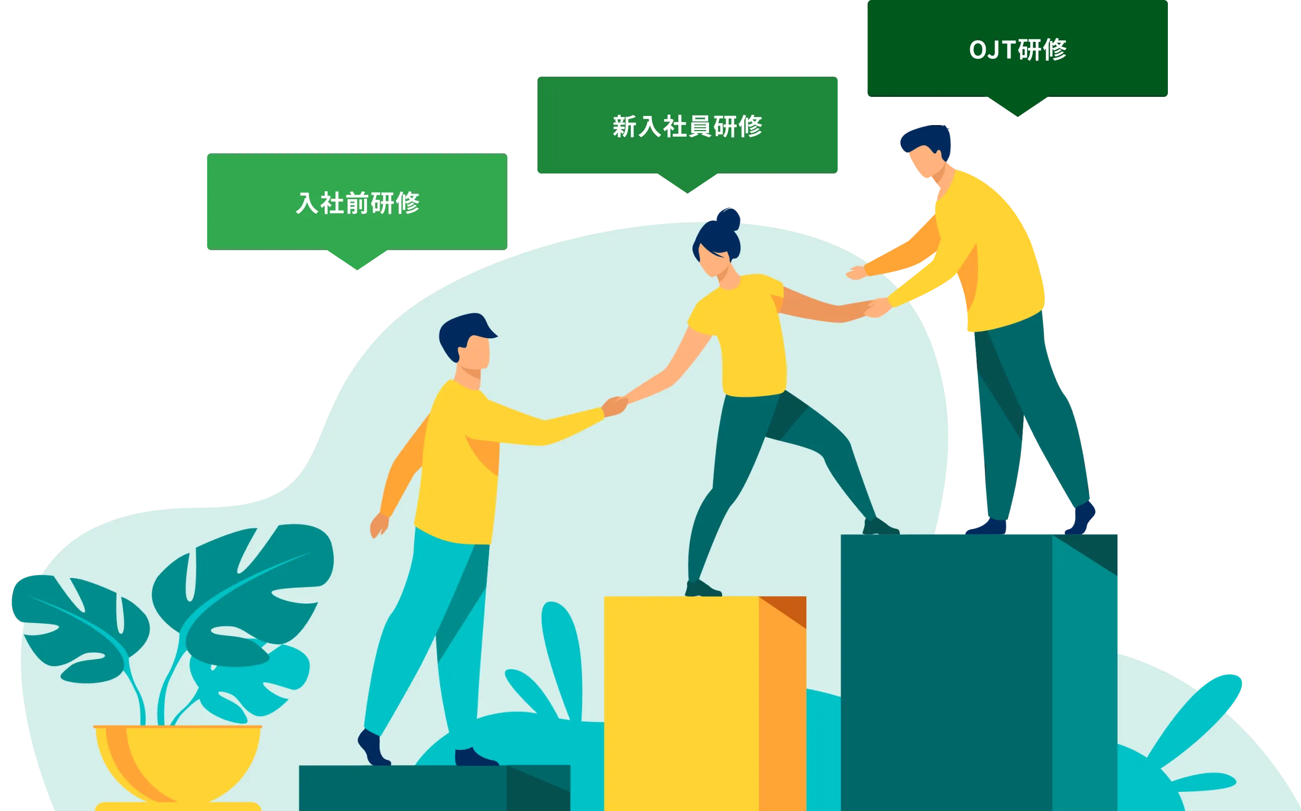 入社前研修→新入社員研修→OJT研修の育成フロー